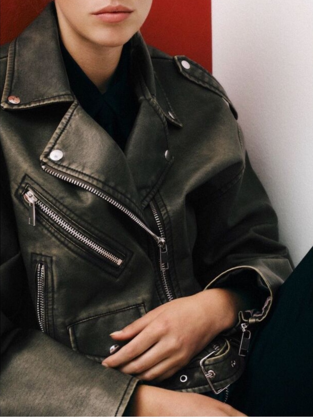 “oversized worn effect biker jacket” - faux leather jacket with silver hardware